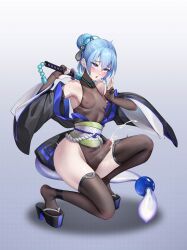 Rule 34 | 1boy, absurdres, ahegao, arknights, black gloves, black thighhighs, blue hair, blue nails, blush, bulge, censored, ejaculation under clothes, elbow gloves, empty eyes, erection, erection under clothes, gins, gloves, hair bun, high heels, highres, holding, holding weapon, japanese clothes, kimono, leotard, male focus, mizuki (arknights), mosaic censoring, nipple piercing, nipples, okobo, open mouth, penis, piercing, purple eyes, sandals, sash, see-through, single hair bun, solo, squatting, thighhighs, tiptoes, trap, weapon