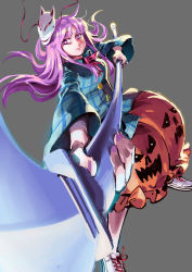 Rule 34 | 1girl, blouse, blue shirt, bright pupils, bubble skirt, closed mouth, cross-laced footwear, fighting stance, fingernails, floating hair, foreshortening, fox mask, grey background, hata no kokoro, highres, holding, holding weapon, incoming attack, long sleeves, looking at viewer, mask, mask on head, nail polish, neck ribbon, orange skirt, perspective, polearm, purple eyes, purple hair, purple nails, red ribbon, ribbon, ruukii drift, shirt, shoes, simple background, skirt, solo, touhou, weapon, white footwear