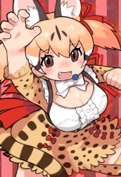 Rule 34 | 1girl, animal costume, animal ear fluff, animal ears, belt, bow, bowtie, brown eyes, brown hair, cat ears, cat girl, cat tail, extra ears, highres, kemono friends, kemono friends v project, kneehighs, large-spotted genet (kemono friends), long hair, looking at viewer, microphone, multicolored hair, open mouth, ribbon, rinx, shirt, skirt, smile, socks, solo, suspenders, tail, twintails, virtual youtuber