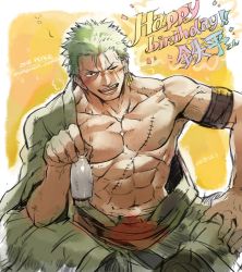 Rule 34 | 1boy, abs, bara, bare pectorals, blush, character name, copyright name, earrings, green hair, happy birthday, jewelry, large pectorals, crossed legs, looking at viewer, male focus, muscular, nikism, nipples, one piece, pectorals, roronoa zoro, scar, single bare shoulder, sitting, sketch, smile, solo, topless male