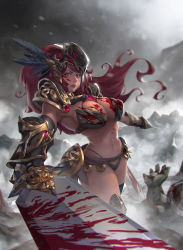 Rule 34 | 1girl, armor, big hair, bikini armor, blood, blood on breasts, blood on face, bloody weapon, blue eyes, breasts, cleavage, curvy, death, dual wielding, feather hair ornament, feathers, foreshortening, gauntlets, hachifuku, feather hair ornament, highres, holding, large breasts, lips, long hair, looking at viewer, navel, original, parted lips, red hair, shoulder pads, solo focus, sword, thighhighs, weapon, wide hips