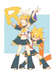 Rule 34 | 1boy, 1girl, absurdres, blonde hair, blush stickers, brother and sister, dab (dance), detached sleeves, full body, hair ornament, hairclip, highres, kagamine len, kagamine rin, leg warmers, midriff, navel, neckerchief, offbeat, one eye closed, shirt, short hair, shorts, siblings, standing, swept bangs, twins, vocaloid, white shirt, yellow neckerchief