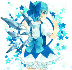 Rule 34 | 1girl, :p, bloomers, blue eyes, blue hair, bow, cirno, hair bow, ice, ice wings, matching hair/eyes, puffy short sleeves, puffy sleeves, ribbon, shiu (pika), short hair, short sleeves, smile, solo, star (symbol), starry background, tongue, tongue out, touhou, underwear, v, wings