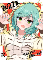 Rule 34 | 1girl, :d, animal ear fluff, animal ears, animal hood, animal print, bang dream!, blue nails, blush, bow, braid, breasts, brown bow, chinese zodiac, claw pose, collarbone, commentary request, drawstring, fake animal ears, fang, green eyes, green hair, hair between eyes, hair bow, hands up, highres, hikawa hina, hood, hood up, hoodie, looking at viewer, medium breasts, nail polish, notice lines, open mouth, print hoodie, red background, smile, solo, sonosakiburi, tail, tail raised, tiger ears, tiger hood, tiger print, tiger tail, translation request, twin braids, two-tone background, upper body, white background, white hoodie, year of the tiger