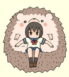 Rule 34 | 1girl, animal, beige background, black socks, blue sailor collar, blue skirt, blush stickers, bow, brown eyes, brown footwear, brown hair, closed mouth, commentary request, full body, hedgehog, loafers, looking at viewer, original, oversized animal, pleated skirt, red bow, sailor collar, school uniform, serafuku, shirt, shoes, short hair, short sleeves, simple background, skirt, socks, solo, white shirt, yukimoto shuuji (gurigura)