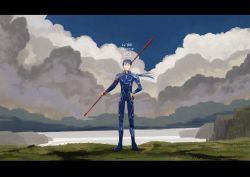 Rule 34 | 1boy, ^ ^, armor, blue hair, blue sky, bodysuit, cliff, closed eyes, cloud, crown, cu chulainn (fate), cu chulainn (fate/stay night), earrings, fate/grand order, fate/stay night, fate (series), full body, gae bolg (fate), grin, hand on own hip, holding, holding weapon, jewelry, letterboxed, long hair, male focus, ooba, outdoors, pauldrons, polearm, ponytail, scenery, shoulder armor, sky, smile, solo, spear, spiked hair, standing, type-moon, water, weapon, wide shot
