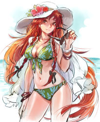 Rule 34 | 1girl, alternate costume, alternate eye color, beach, bikini, blouse, bracelet, braid, breasts, brown eyes, cleavage, contemporary, contrapposto, day, unworn eyewear, front-tie bikini top, front-tie top, green bikini, hat, holding, holding removed eyewear, hong meiling, jewelry, large breasts, light smile, long hair, looking at viewer, lots of jewelry, matsuda (matsukichi), navel, o-ring, o-ring bottom, o-ring top, ocean, open clothes, open shirt, parted lips, red hair, shirt, sketch, smile, solo, standing, sun hat, sunglasses, swimsuit, touhou, twin braids, very long hair, water