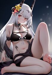 Rule 34 | 1girl, arknights, armlet, bare shoulders, bikini, black bikini, black sarong, breasts, cleavage, closed mouth, commentary request, dark background, fanteam, flower, food, fruit, hair flower, hair ornament, head tilt, highres, horns, infection monitor (arknights), jewelry, knee up, large breasts, long hair, looking at viewer, material growth, mudrock (arknights), mudrock (silent night) (arknights), navel, necklace, official alternate costume, oripathy lesion (arknights), pointy ears, red eyes, red flower, sarong, simple background, sitting, solo, stomach, swimsuit, yellow flower
