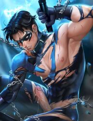 Rule 34 | 1boy, chain, dick grayson, highres, male focus, mask, nightwing, penis, solo, superhero costume, tagme, torn clothes