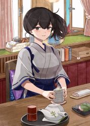 Rule 34 | 1girl, black hair, blue hakama, blush, book, breasts, brown eyes, chair, commission, cup, curtains, cushion, day, desk, food, grey kimono, hair between eyes, hakama, highres, holding, holding cup, indoors, japanese clothes, kaga (kancolle), kanmiya shinobu, kantai collection, kimono, looking at viewer, medium breasts, parted lips, plant, ponytail, potted plant, ribbon-trimmed sleeves, ribbon trim, side ponytail, sitting, skeb commission, solo, steam, table, tasuki, teapot, tray, wide sleeves, window, yunomi