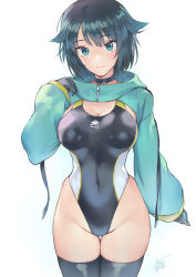 Rule 34 | 1girl, aqua eyes, black gloves, black hair, black one-piece swimsuit, black thighhighs, blush, borrowed character, breasts, cleavage, commentary request, competition swimsuit, covered navel, cowboy shot, fukami nana (awono nanaumi), gloves, groin, hair flaps, hand up, highres, large breasts, long sleeves, looking at viewer, matsuda (matsukichi), one-piece swimsuit, original, short hair, shrug (clothing), simple background, smile, solo, standing, swimsuit, thighhighs, white background