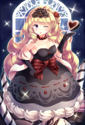 Rule 34 | 1girl, absurdres, black gloves, blonde hair, blue eyes, blush, breasts, chocolate, curly hair, dress, duel monster, elbow gloves, food-themed clothes, gloves, highres, kanzakietc, long hair, looking at viewer, madolche puddingcess chocolat-a-la-mode, medium breasts, one eye closed, red ribbon, ribbon, solo, swept bangs, tongue, tongue out, yu-gi-oh!