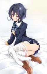 Rule 34 | 10s, 1girl, ass, bandages, bed sheet, black hair, blazer, bow, bowtie, brown footwear, commentary request, hair between eyes, hair ornament, highres, jacket, loafers, looking at viewer, miniskirt, mizuno ai, narumiya (empty cafe), plaid, plaid bow, plaid bowtie, plaid neckwear, plaid skirt, pleated skirt, red eyes, school uniform, shoes, short hair, simple background, sitting, skirt, sleeves past wrists, solo, thighhighs, thighs, vest, yokozuwari, zombie land saga
