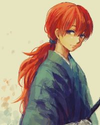 Rule 34 | 1boy, androgynous, faux traditional media, himura kenshin, japanese clothes, katana, kimono, long hair, looking at viewer, lowres, male focus, orange hair, ouru109, pale color, ponytail, red hair, rurouni kenshin, samurai, solo, sword, weapon, aged down