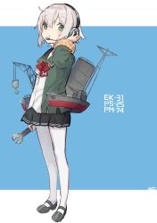 Rule 34 | 1girl, blue background, commentary request, crane (machine), full body, fur-trimmed sleeves, fur trim, green eyes, green jacket, green sailor collar, green skirt, headphones, jacket, kantai collection, long sleeves, machinery, mary janes, neck ribbon, pantyhose, pleated skirt, red ribbon, ribbon, sailor collar, school uniform, serafuku, shimushu (kancolle), shoes, short hair, silver hair, skirt, smokestack, solo, standing, two-tone background, white pantyhose, wrench, yamashichi (mtseven)