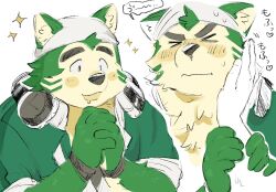 Rule 34 | &gt; &lt;, 1boy, bara, blush, blush stickers, collage, cropped torso, dog boy, drooling, fat, fat man, furry, furry male, green fur, headphones, headphones around neck, heart, highres, interlocked fingers, live a hero, male focus, mokdai (live a hero), mouth drool, own hands together, pov adoring, short hair, shy, sparkling aura, thick eyebrows, touuuda, translation request, upper body, v-shaped eyebrows