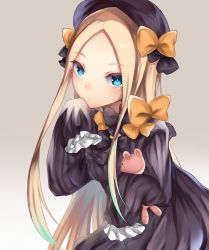 Rule 34 | 1girl, abigail williams (fate), black bow, black dress, blonde hair, blue eyes, bow, closed mouth, commentary request, dress, fate/grand order, fate (series), frilled sleeves, frills, furumiya neko, gothic lolita, gradient background, hair bow, hand on own chin, hands in opposite sleeves, hat, highres, lolita fashion, long hair, long sleeves, looking at viewer, multiple hair bows, orange bow, solo, stuffed animal, stuffed toy