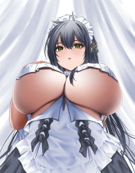 Rule 34 | 1girl, apron, azur lane, between breasts, black hair, black skirt, breasts, covered erect nipples, frilled apron, frills, from below, green eyes, hair between eyes, hair over breasts, hair over one breast, hand on own chest, haru (hr works), highres, huge breasts, indomitable (azur lane), indomitable (ms. motivationless maid) (azur lane), long hair, looking at viewer, looking down, maid, maid headdress, miniskirt, official alternate costume, pleated skirt, simple background, skirt, solo, underboob, very long hair, waist apron, white apron, white background