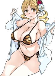 Rule 34 | 1girl, animal print, bikini, blonde hair, breasts, cleavage, collarbone, commentary request, cowboy shot, drill hair, flower, fuwa daisuke, hair flower, hair ornament, highres, huge breasts, jacket, looking at viewer, mahou shoujo madoka magica, mahou shoujo madoka magica (anime), open clothes, open jacket, side-tie bikini bottom, simple background, sitting, solo, swimsuit, tiger print, tomoe mami, twin drills, white background, white jacket, yellow eyes