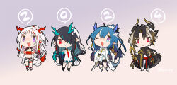 Rule 34 | 1boy, 3girls, ;d, alcohol, arknights, arm tattoo, arm wrap, bandeau, bead bracelet, beads, black jacket, black skin, blue eyes, blue hair, blush, boots, bottle, bracelet, brother and sister, brown hair, chibi, china dress, chinese clothes, chong yue (arknights), colored skin, cup, dragon boy, dragon girl, dragon horns, dragon tail, dress, dusk (arknights), earrings, fang, flame-tipped tail, green skin, grey background, hair over one eye, holding, holding cup, holding gourd, horns, jacket, jewelry, kyo zip, leg tattoo, ling (arknights), multiple girls, necktie, nian (arknights), off-shoulder jacket, off shoulder, one eye closed, one eye covered, open clothes, open jacket, open mouth, pointy ears, ponytail, purple eyes, red bandeau, red eyes, red necktie, red skin, shirt, shorts, siblings, simple background, sisters, skin fang, smile, tail, tassel, tassel earrings, tattoo, white dress, white footwear, white hair, white jacket, white shirt, white shorts, yellow necktie