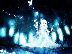 Rule 34 | 1girl, bare shoulders, bug, butterfly, dress, flower, glowing, insect, original, partially submerged, petals, red eyes, reflection, solo, standing, tree, wading, water, white hair, yuukichi