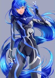 Rule 34 | 1boy, absurdres, androgynous, bad id, bad pixiv id, black bodysuit, blue hair, blunt bangs, bodysuit, chromatic aberration, contrapposto, cowboy shot, diagonal bangs, floating hair, gluteal fold, hand on own thigh, hand up, highres, lips, long hair, looking at viewer, male focus, nana (hndj4527), parted lips, protagonist (smtv), resolution mismatch, shin megami tensei, shin megami tensei v, simple background, solo, source smaller, standing, very long hair, yellow eyes