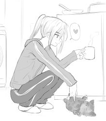 Rule 34 | 1girl, absurdres, blush, cat, commentary, cup, english commentary, happy, heart, high ponytail, highres, hood, hood down, indoors, kitchen, melissa renata, monochrome, mug, norman maggot, original, petite, sidelocks, slippers, spoken heart, squatting, steam, track suit