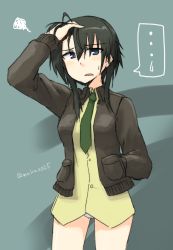 Rule 34 | ..., 1girl, black hair, blue eyes, dominica s. gentile, dress shirt, hand in own hair, hand in pocket, hand on own head, highres, long hair, makaze (t-junction), necktie, open mouth, panties, shirt, solo, spoken sweatdrop, squiggle, strike witches, sweatdrop, twitter username, underwear, white panties, world witches series