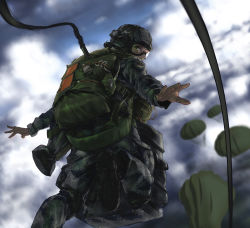 Rule 34 | 1girl, assault rifle, boots, camouflage, digital camouflage, goggles, gun, helmet, highres, jumping, looking at viewer, military, military uniform, original, parachute, paratrooper, people&#039;s liberation army, rifle, short ponytail, sky, skydive, soldier, tanto (tc1995), uniform, weapon