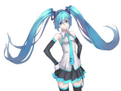 Rule 34 | 1girl, aqua eyes, aqua hair, bad id, bad pixiv id, detached sleeves, gloves, hands on own hips, hatsune miku, headphones, long hair, necktie, neco, simple background, skirt, smile, solo, thighhighs, twintails, very long hair, vocaloid, white background