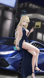 Rule 34 | 1girl, absurdres, alternate costume, alternate hair length, alternate hairstyle, armpit crease, bag, bare arms, blonde hair, blue archive, blue car, blue dress, blue eyes, blue hair, blue nails, blurry, blurry background, breasts, cleavage, closed mouth, commentary request, crossed legs, dress, evening gown, expressionless, feet, halo, halterneck, handbag, head tilt, highres, large breasts, legs, long hair, looking at viewer, medium breasts, multicolored hair, nail polish, on vehicle, renge (730), sandals, side slit, sitting, sitting on car, solo, strappy heels, streaked hair, thighs, toenail polish, toenails, toes, toki (blue archive), v, vehicle request, very long hair