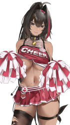 Rule 34 | 1girl, absurdres, ahoge, bare shoulders, bay (nikke), black eyes, black hair, breasts, cheerleader, closed mouth, commentary, cowboy shot, dark-skinned female, dark skin, elvandec, english commentary, goddess of victory: nikke, hair intakes, hairband, highres, holding, holding pom poms, large breasts, long hair, looking at viewer, miniskirt, mole, mole on stomach, mole under eye, mole under mouth, multicolored hair, navel, necklock, pleated skirt, pom pom (cheerleading), pom poms, ponytail, red hair, red skirt, revision, single thighhigh, skirt, solo, stomach, streaked hair, thigh strap, thighhighs, thighs, torn clothes, torn thighhighs, twitter username, underboob, white background