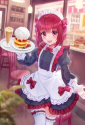 Rule 34 | 1girl, alternate costume, apron, arima kana, black dress, blurry, blurry background, blush, bob cut, bow, commentary request, dress, enmaided, food, frilled dress, frilled thighhighs, frills, holding, holding tray, inverted bob, juliet sleeves, long sleeves, looking at viewer, maid, maid apron, maid headdress, medium hair, open mouth, oshi no ko, pink bow, puffy sleeves, red bow, red eyes, red hair, revision, sarasa kouhaku, solo, thighhighs, tray