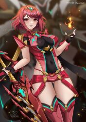 Rule 34 | 1girl, aegis sword (xenoblade), artist name, black gloves, blurry, blurry background, breasts, chest jewel, earrings, fingerless gloves, gloves, highres, holding, holding sword, holding weapon, impossible clothes, jewelry, large breasts, looking at viewer, pyra (xenoblade), red eyes, red hair, ryuuneart, solo, swept bangs, sword, thighs, tiara, weapon, xenoblade chronicles (series), xenoblade chronicles 2