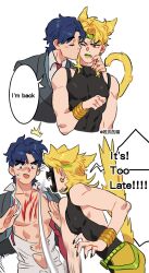Rule 34 | 2boys, abs, animal ears, annoyed, black leotard, blonde hair, blood, blue hair, bracelet, cat boy, cat ears, cat tail, claws, closed eyes, dio brando, english text, fangs, green lips, headband, heart, highres, honlo, jacket, jewelry, jojo no kimyou na bouken, jonathan joestar, kissing cheek, leotard, long hair, looking at another, male focus, multiple boys, muscular, muscular male, necktie, pants, pectorals, red eyes, shaded face, shirt, short hair, speech bubble, stardust crusaders, sweatdrop, tail, torn clothes, yaoi, yellow pants