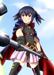 Rule 34 | 1girl, bardiche (nanoha), black hair, blue eyes, cape, cosplay, diesel-turbo, fate testarossa, fate testarossa (cosplay), gloves, lyrical nanoha, mahou shoujo lyrical nanoha, minami-ke, minami touma, mizuki nana, pleated skirt, short hair, skirt, solo, thighhighs, twintails, voice actor connection