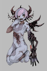 Rule 34 | 1girl, absurdres, blue skin, breasts, colored skin, cyborg, female focus, grey background, guro, highres, horns, looking at viewer, mouth pull, no nipples, nude, original, pink hair, red eyes, short hair, simple background, small breasts, solo, stitches, teeth, tubansan, zombie