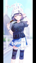 1girl absurdres black_shirt blue_archive blue_skirt blush closed_eyes closed_mouth combat_helmet feet_out_of_frame food food_on_face green_halo halo helmet highres holding holding_food hyakucha knee_pads pleated_skirt purple_hair saki_(blue_archive) shirt short_hair short_sleeves skirt smile solo stahlhelm tongue tongue_out two-tone_skirt watermark white_skirt