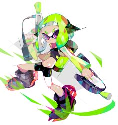 Rule 34 | 1girl, agent 4 (splatoon), amakusa (hidorozoa), ankle boots, bike shorts, boots, closed mouth, dual wielding, finger on trigger, green hair, gun, highres, holding, holding gun, holding weapon, inkling, inkling girl, inkling player character, legs apart, long sleeves, looking at viewer, midriff, multicolored hair, navel, nintendo, paint gun, paint splatter, purple eyes, solo, splatoon (series), splatoon 2, sports bra, standing, v-shaped eyebrows, weapon