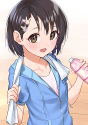 Rule 34 | 1girl, absurdres, black hair, blue jacket, blush, bottle, breasts, brown eyes, collarbone, dot nose, hair ornament, hairclip, hands up, highres, holding, holding bottle, holding towel, idolmaster, idolmaster cinderella girls, idolmaster cinderella girls starlight stage, jacket, looking at viewer, open mouth, rabbit hair ornament, sasaki chie, shirt, short hair, short sleeves, small breasts, smile, solo, sweat, towel, track jacket, tsunenorip, upper body, white shirt, white towel, wooden floor, zipper, zipper pull tab