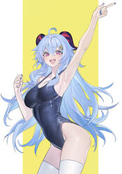 Rule 34 | 1girl, :d, absurdres, ahoge, arm up, armpits, bare hips, bare shoulders, blue hair, blue nails, blue one-piece swimsuit, border, breasts, cheering, cleavage, collarbone, commentary, cowboy shot, curled horns, echj, eyebrows hidden by hair, ganyu (genshin impact), genshin impact, groin, hair between eyes, hair ornament, hand up, highleg, highleg leotard, highleg swimsuit, highres, horns, leotard, long hair, looking at viewer, medium breasts, nail polish, one-piece swimsuit, open mouth, outside border, pink eyes, sideboob, simple background, smile, solo, swimsuit, teeth, thighhighs, thighs, upper teeth only, very long hair, white border, white thighhighs, wide hips, yellow background