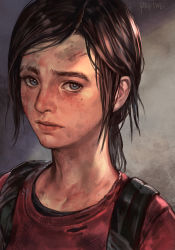 Rule 34 | 1girl, backpack, bag, blue eyes, brown hair, closed mouth, ellie (the last of us), freckles, hungry clicker, lips, looking at viewer, red shirt, revision, scar, scar on face, shirt, solo, the last of us, the last of us (series), upper body