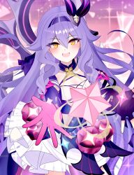 1girl absurdres clothing_cutout commentary_request cowboy_shot gloves hair_flaps hairband highres honkai_(series) honkai_impact_3rd long_hair looking_at_viewer marutaro open_mouth outstretched_arm pink_gloves purple_hair purple_hairband sirin sirin_(miracle_magical_girl) solo sparkle stomach_cutout symbol-shaped_pupils very_long_hair yellow_eyes