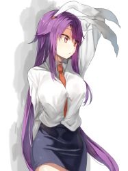 Rule 34 | 1girl, alternate costume, animal ears, arm behind head, arm up, bad id, bad twitter id, between breasts, blue skirt, breasts, commentary request, cowboy shot, highres, long hair, long sleeves, necktie, pencil skirt, purple hair, rabbit ears, red eyes, red necktie, reisen udongein inaba, shadow, shirt, sidelocks, simple background, skirt, solo, standing, suminagashi, touhou, very long hair, white background, white shirt, wing collar