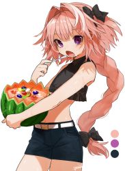 Rule 34 | 1boy, artist name, astolfo (fate), bad id, bad pixiv id, bare arms, bare shoulders, belt, black shirt, blouse, blueberry, braid, cherry, circle, commentary request, cowboy shot, crop top, denim, denim shorts, fang, fate/grand order, fate (series), food, fruit, fruit cup, gotou (nekocat), hair intakes, hand up, highres, holding, holding food, holding fruit, holding spoon, long braid, long hair, looking at viewer, male focus, midriff, open mouth, pink hair, purple eyes, shirt, short shorts, shorts, signature, single braid, sleeveless, sleeveless shirt, solo, spoon, standing, thighs, trap, very long hair, watermelon