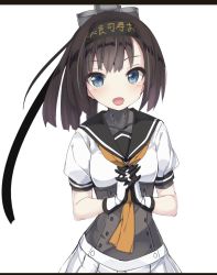 Rule 34 | 10s, 1girl, :o, akizuki (kancolle), black hair, blue eyes, blush, commentary request, gloves, hachimaki, headband, heavens thunder (byakuya-part2), interlocked fingers, kantai collection, letterboxed, long hair, looking at viewer, own hands clasped, own hands together, pleated skirt, ponytail, sailor collar, skirt, solo, white background