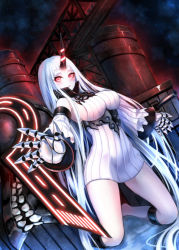 Rule 34 | 10s, 1girl, abyssal ship, bare shoulders, blush, breasts, claws, detached sleeves, dress, horns, kantai collection, kneeling, large breasts, long hair, looking at viewer, lunatic (phantasy), machinery, outstretched hand, pale skin, red eyes, ribbed dress, seaport princess, short dress, sideboob, single horn, sleeveless, sleeveless turtleneck, solo, sweater, sweater dress, turtleneck, very long hair, white hair