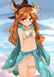 Rule 34 | 10s, 1girl, absurdres, arms behind back, blue cape, blue eyes, blush, bow, cape, closed mouth, collarbone, cowboy shot, eyebrows, flower, flying sweatdrops, granblue fantasy, hair flower, hair ornament, hairband, highres, long hair, looking to the side, muoto, navel, no panties, nose blush, orange hair, parted bangs, pussy, pussy juice, sara (granblue fantasy), smile, solo, standing, stomach, sweat, uncensored, white bow