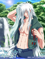 Rule 34 | 1boy, artist request, forest, jiraiya (naruto), male focus, naruto, naruto (series), nature, ninja, open clothes, open shirt, outdoors, shirt, sky, solo, tattoo, towel, water, waterfall, wet, white hair