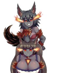 Rule 34 | 2girls, animal ears, animal hands, annoyed, bare shoulders, black hair, black skin, blunt bangs, breasts, collar, colored sclera, colored skin, crossed bangs, dog ears, dog tail, elbow rest, flaming eyes, fur, grey sclera, grin, hair between eyes, hand on own hip, height difference, hellhound (monster girl encyclopedia), highres, huge breasts, long hair, looking at viewer, md5 mismatch, medium breasts, monster girl, monster girl encyclopedia, monster girl encyclopedia ii, multiple girls, nav (itsnav), red eyes, simple background, smile, smug, spiked collar, spikes, sweatdrop, tail, teeth, twintails, white background